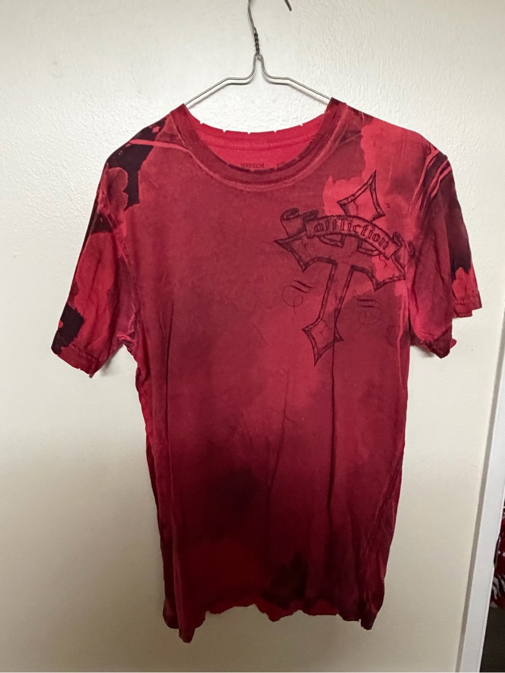 Affliction Red Graphic Crewneck with Distressed Neckline